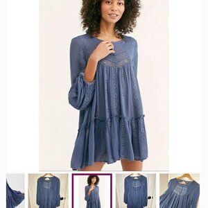Free People Kiss Kiss Tunic Dress Womens XS Blue Tiered Swing Cut Out Oversized